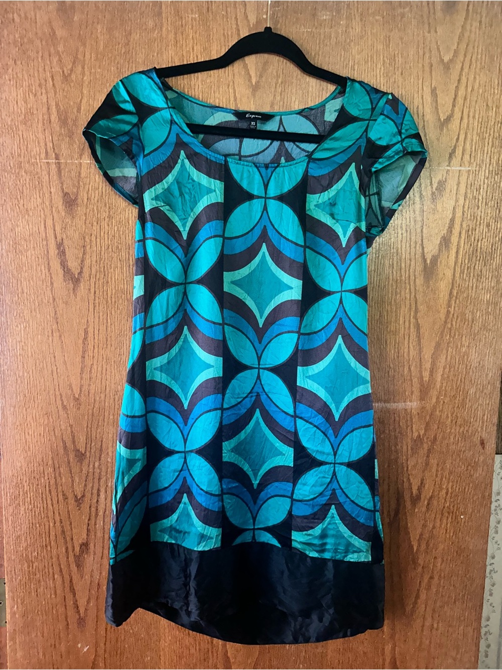 Express Teal and Black Geometric Cap-Sleeve Mini Dress
